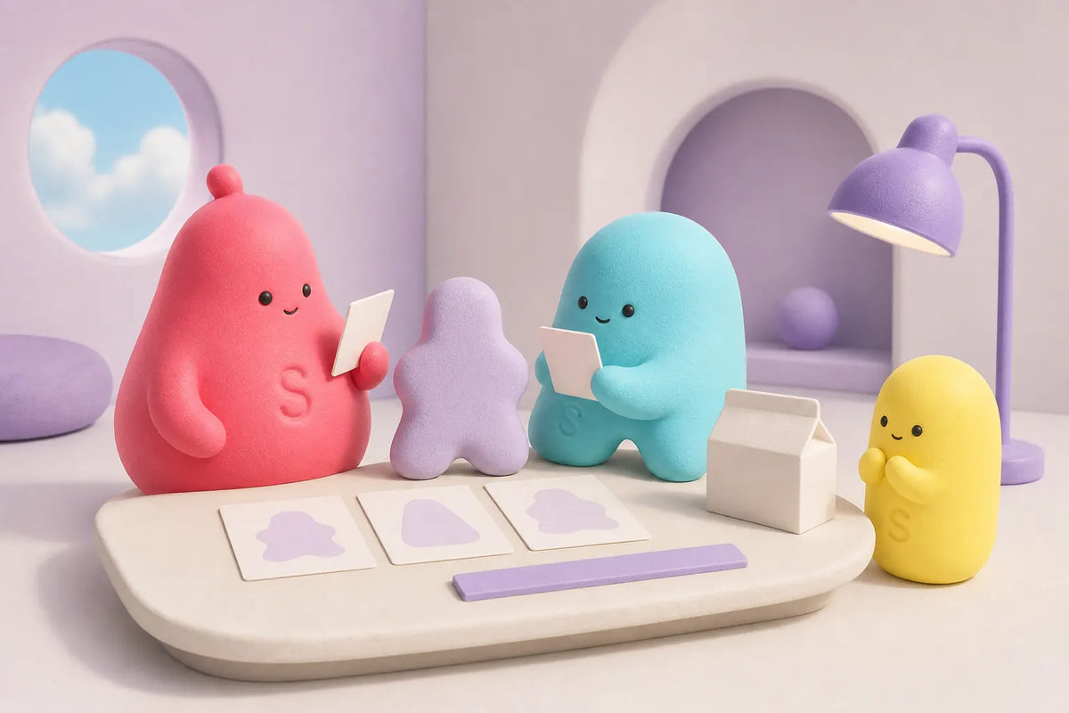 Original Ssquishy Soft Club characters comparing a toy shape, blank option cards and plain packaging.