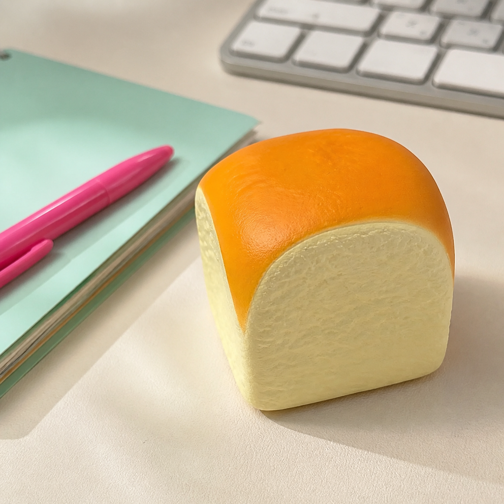 Soft bread loaf squishy on a bright desk beside a notebook