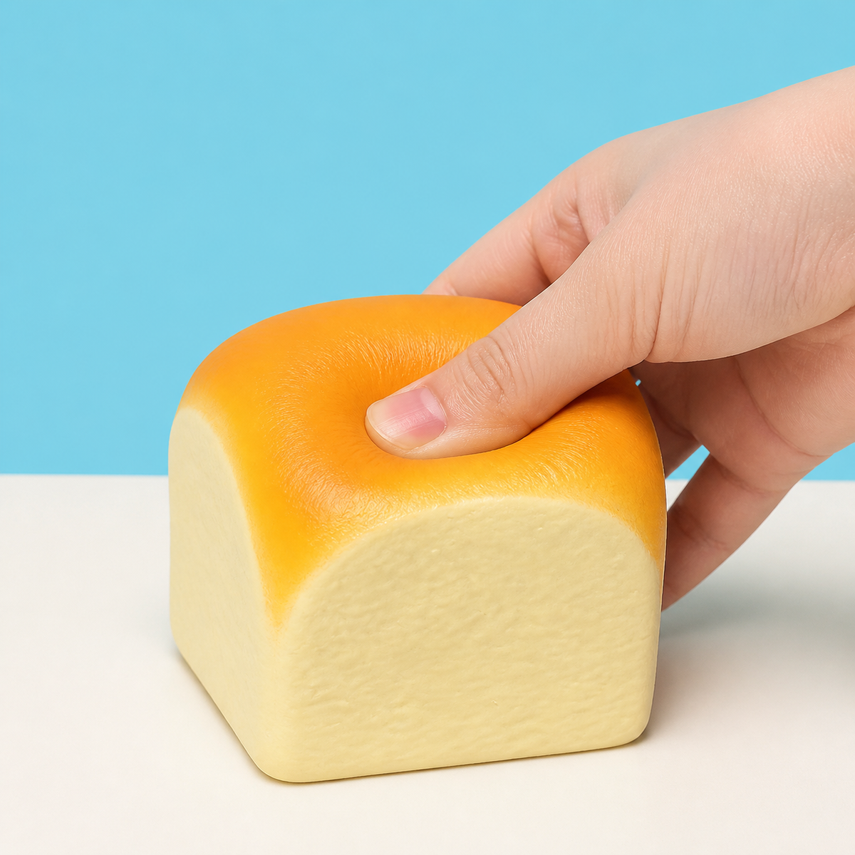 Adult hand gently pressing the soft bread loaf squishy