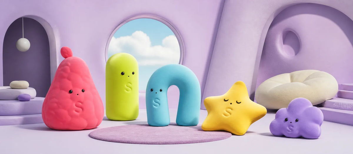 Five original Ssquishy Soft Club characters in a tactile clubhouse