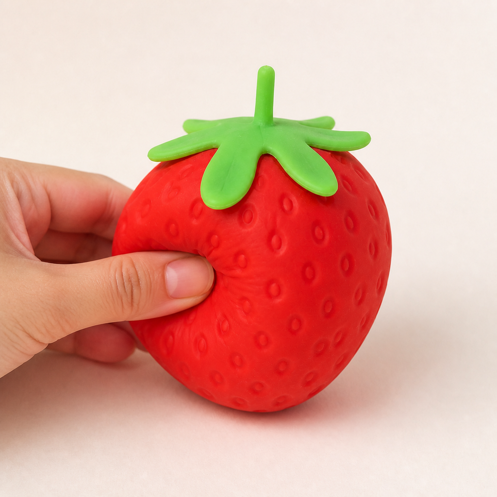 Hand pressing the red Strawberry Slow-Rise Squishy