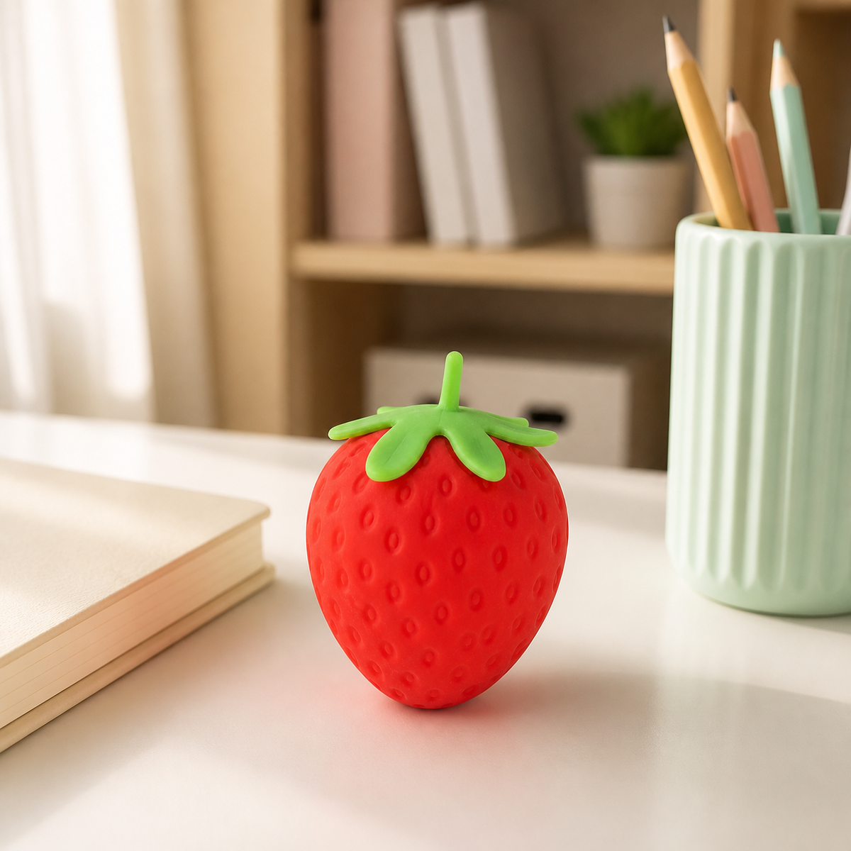Strawberry Slow-Rise Squishy on a desk beside notebooks and pencils