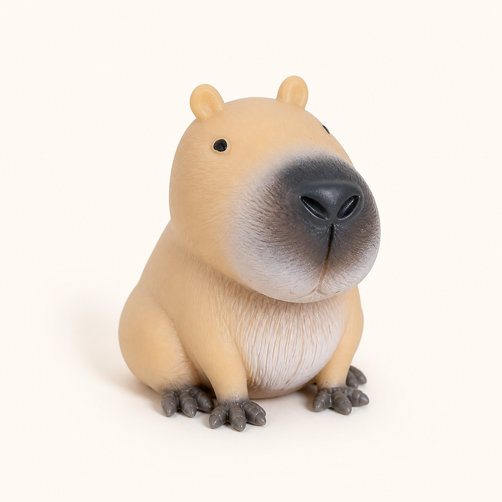 Tan stretchy capybara squishy with grey muzzle and textured belly on warm white