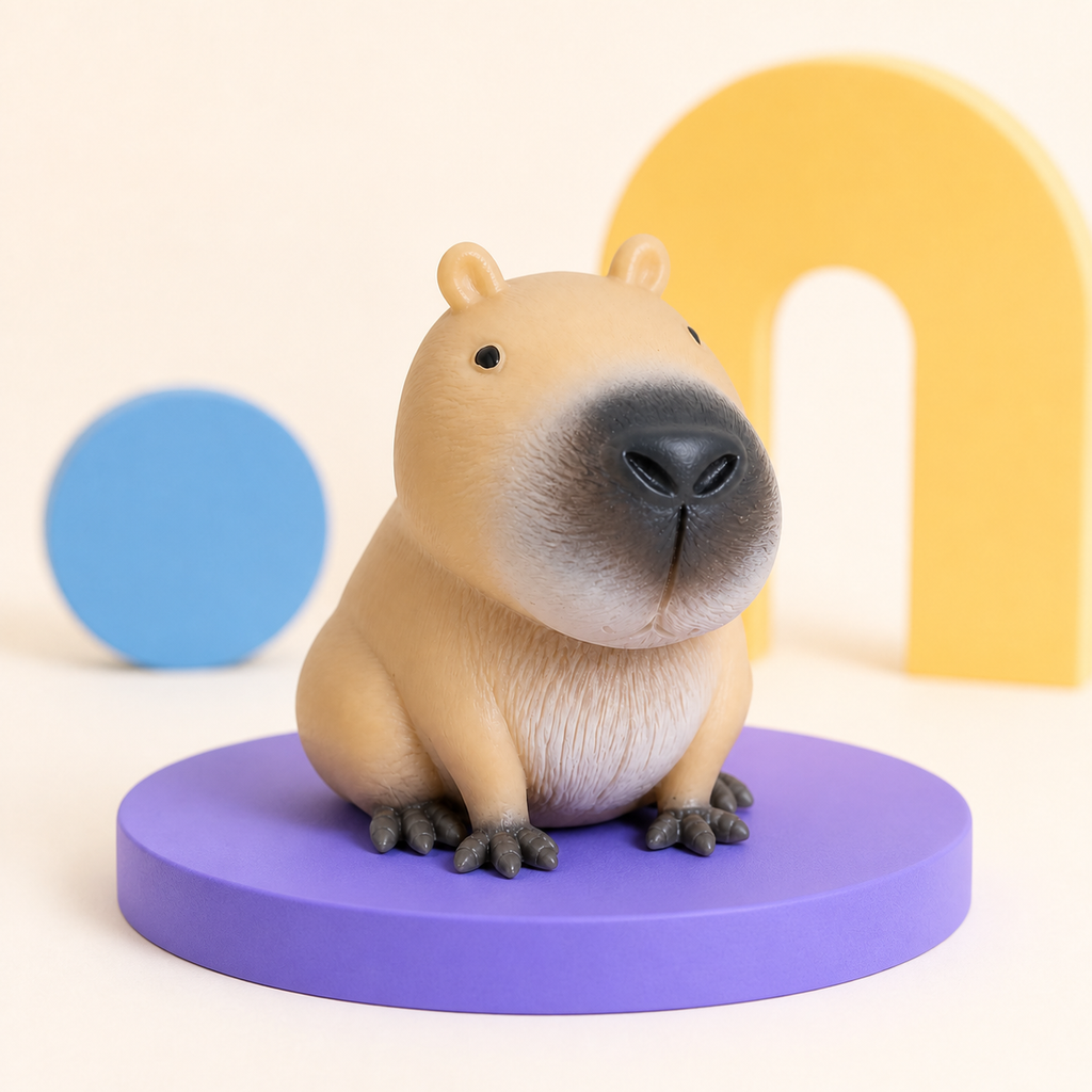 Tan capybara squishy on a purple pedestal with blue and yellow shapes