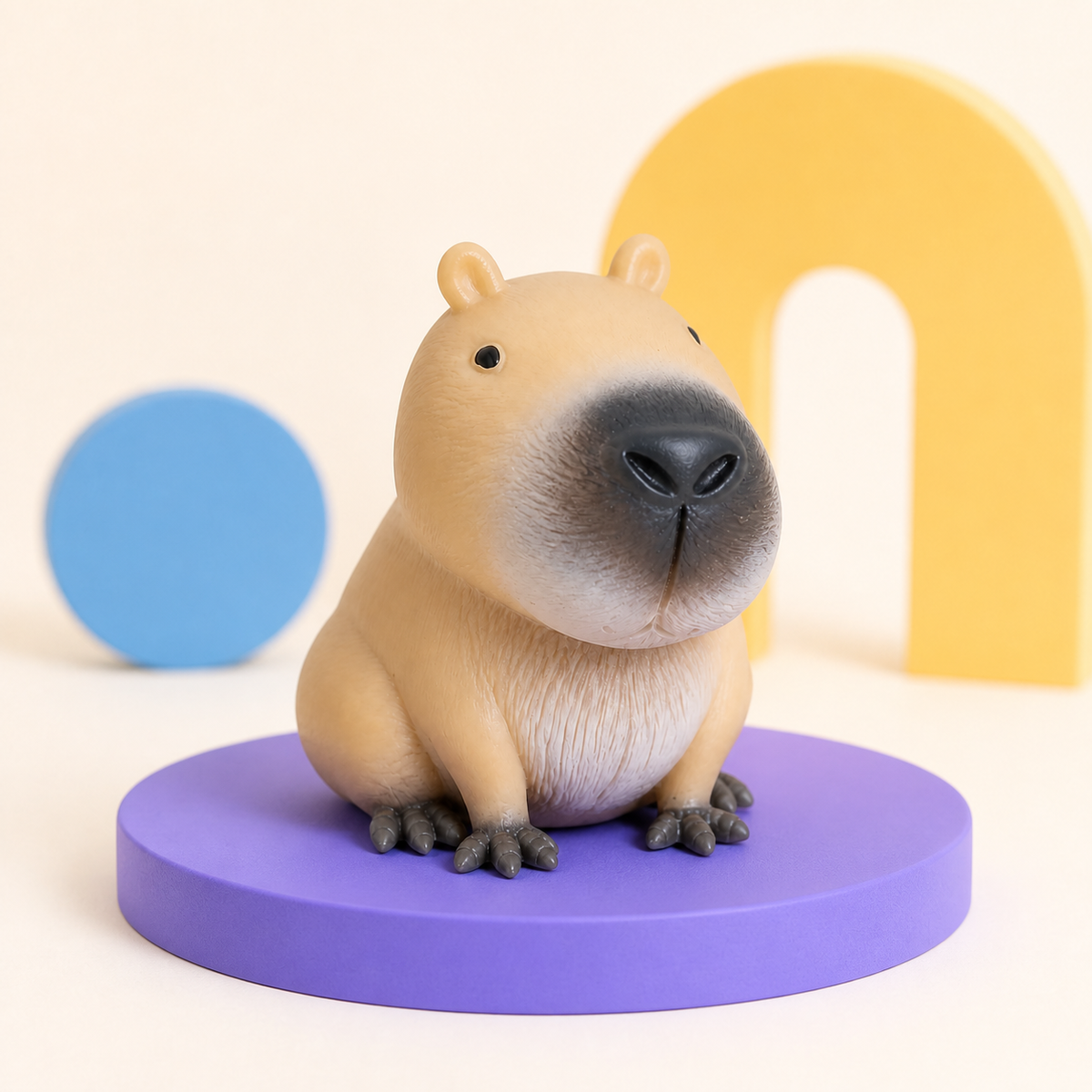 Tan capybara squishy on a purple pedestal with blue and yellow shapes