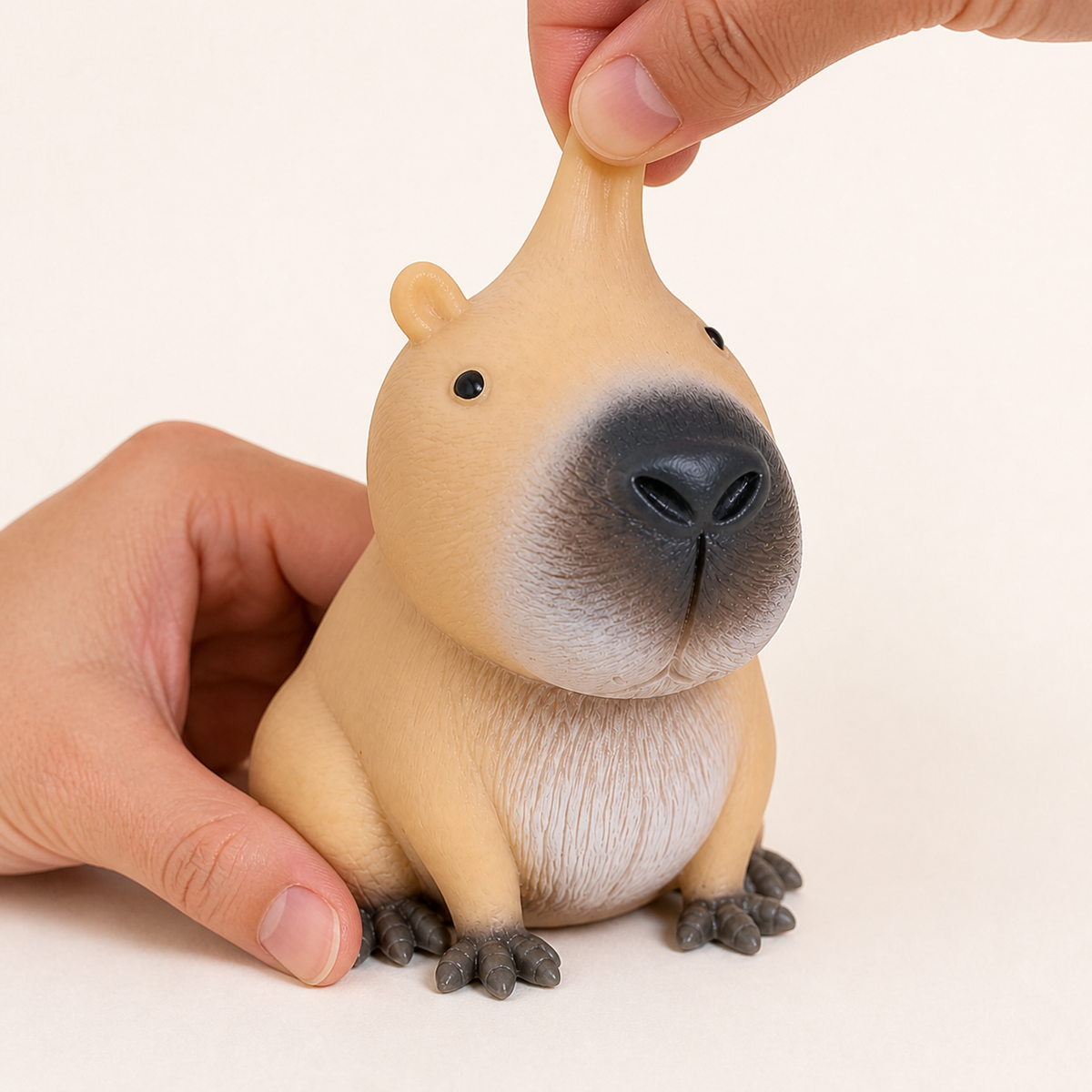 Hands stretching the top of a tan capybara squishy