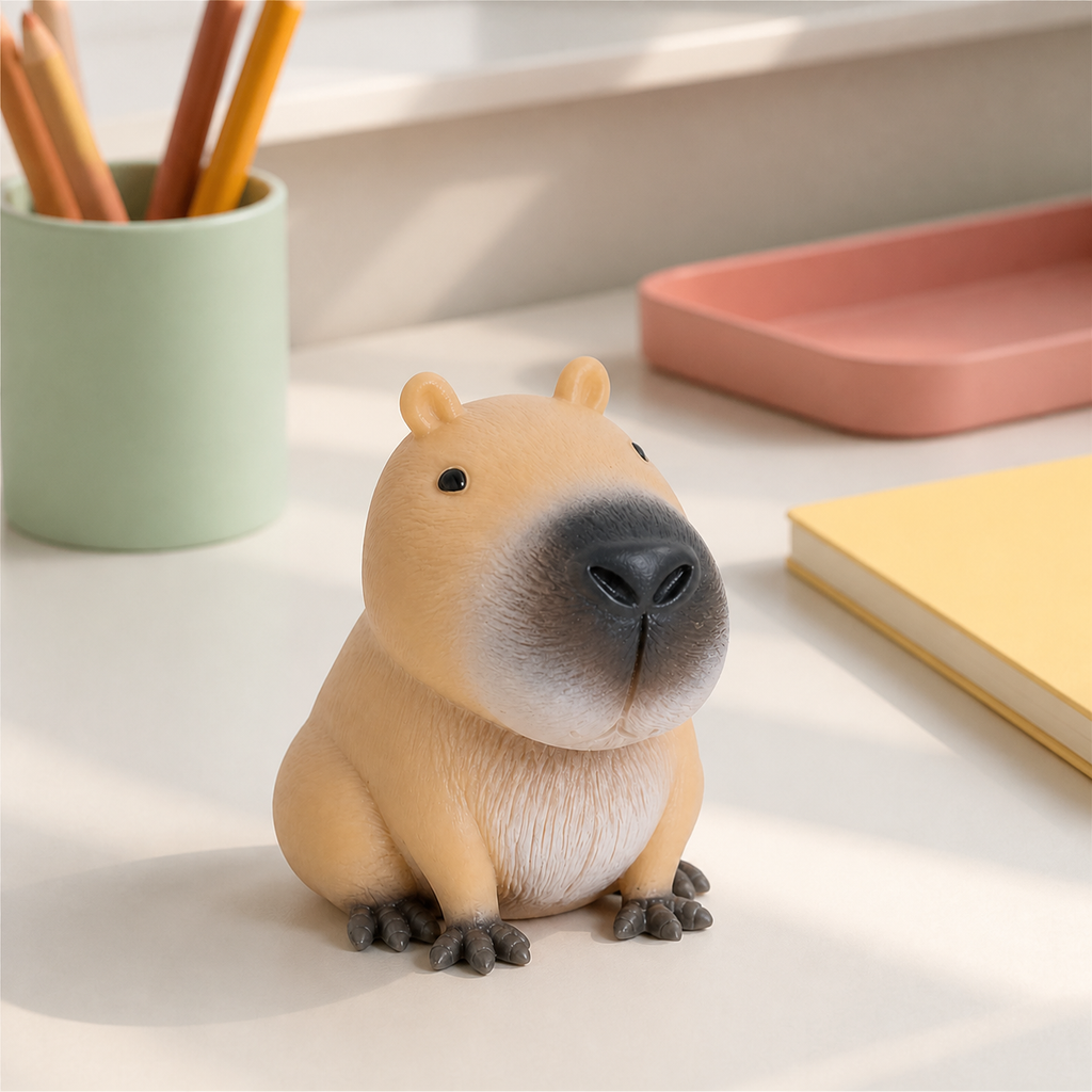 Tan capybara squishy on a sunlit desk with pastel stationery