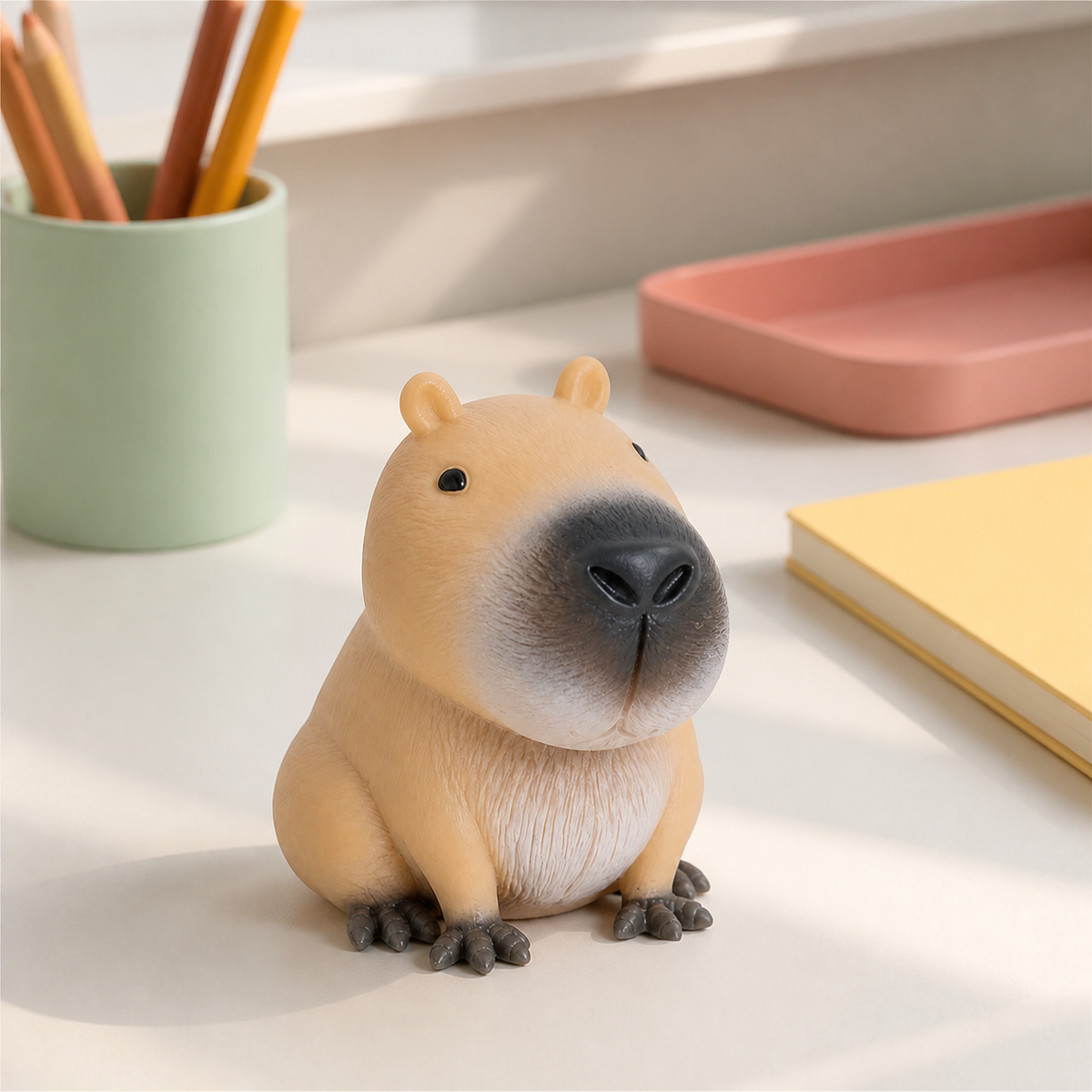 Tan capybara squishy on a sunlit desk with pastel stationery