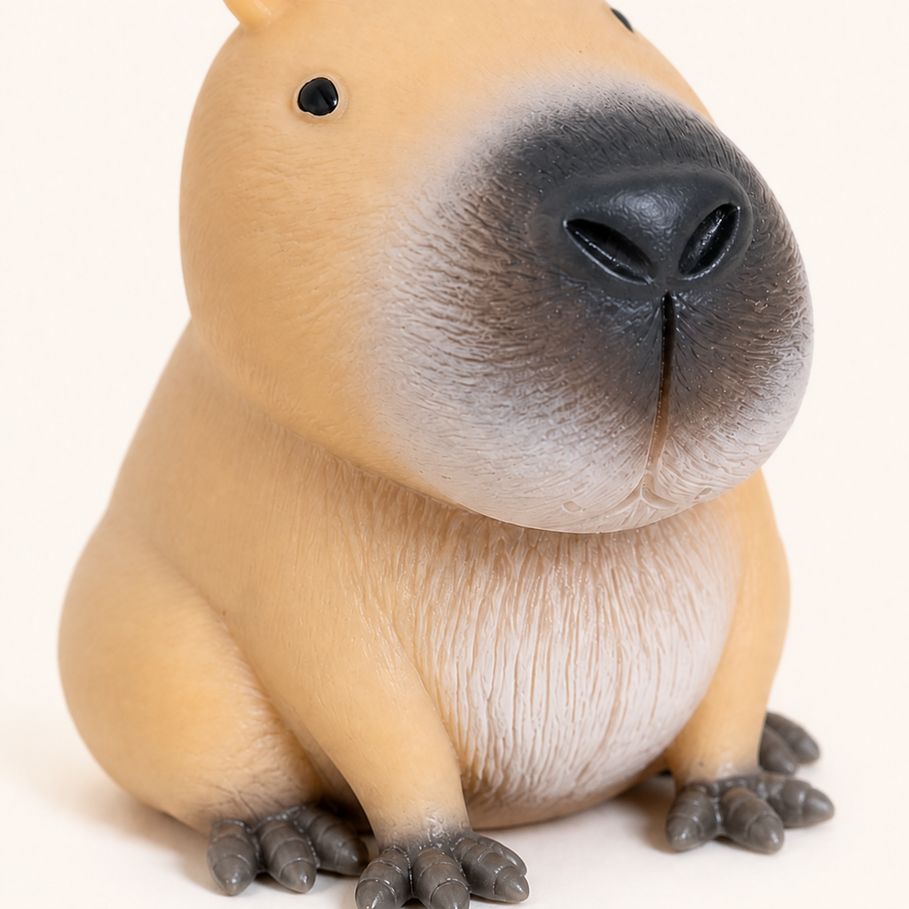 Close-up of the grey muzzle, textured belly and feet of the capybara squishy