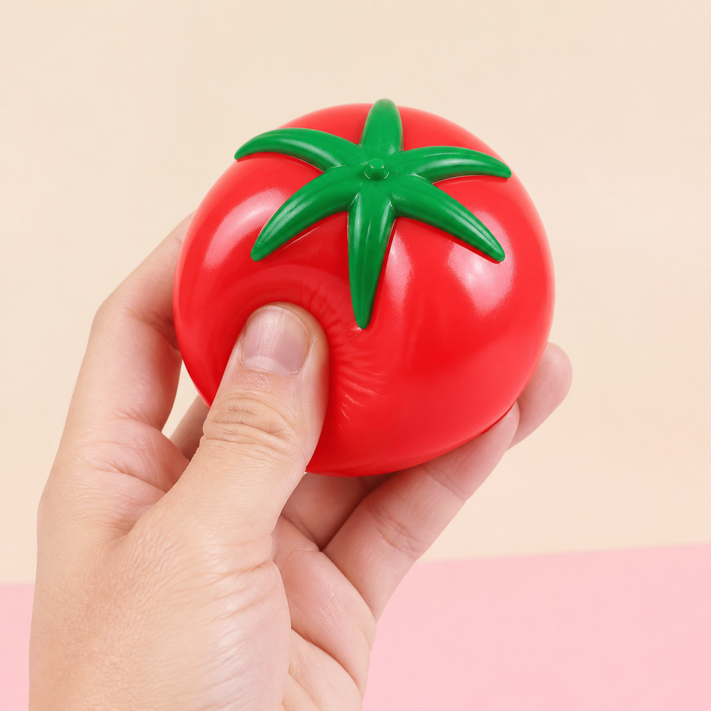 Hand gently squeezing the Tomato Splat Squeeze Toy