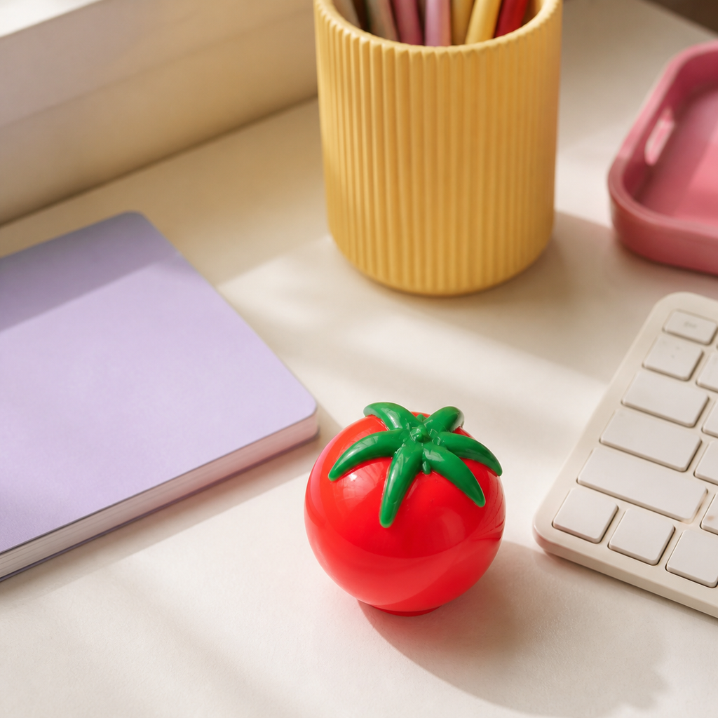 Tomato Splat Squeeze Toy on a creative desk