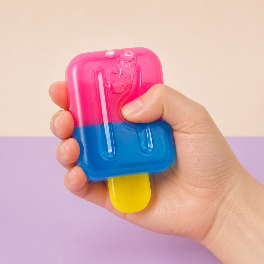 Hand gently squeezing the Two-Tone Popsicle Gel Squishy