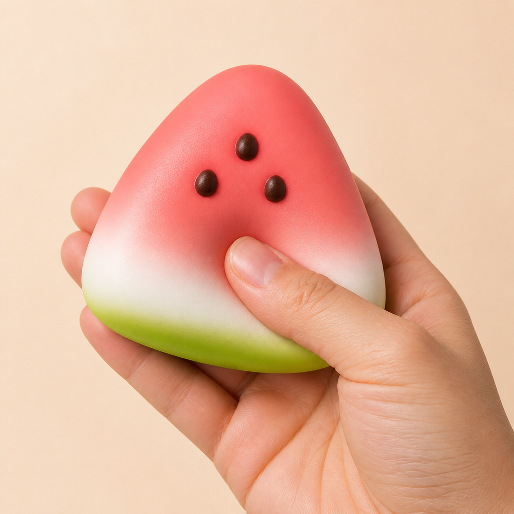 Hand pressing the Watermelon Wedge Slow-Rise Squishy
