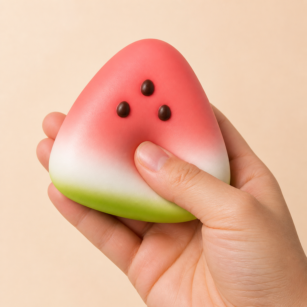 Hand pressing the Watermelon Wedge Slow-Rise Squishy