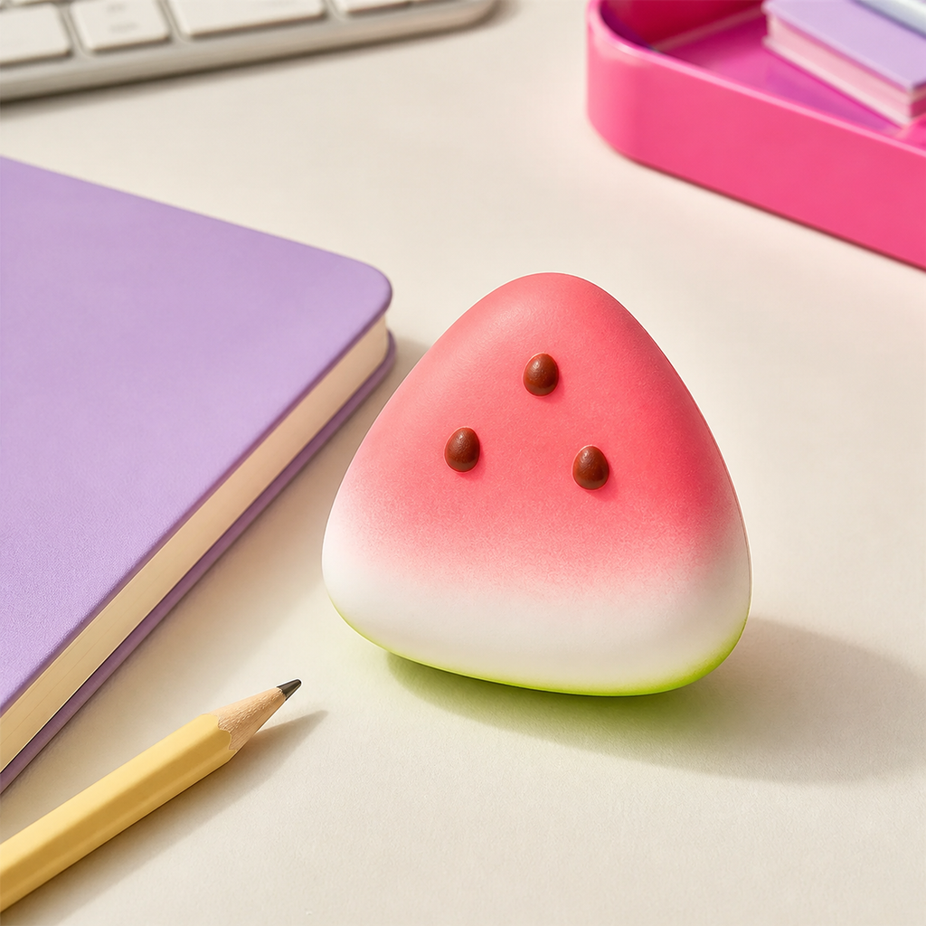 Watermelon Wedge Slow-Rise Squishy on a desk beside a lilac notebook and yellow pencil