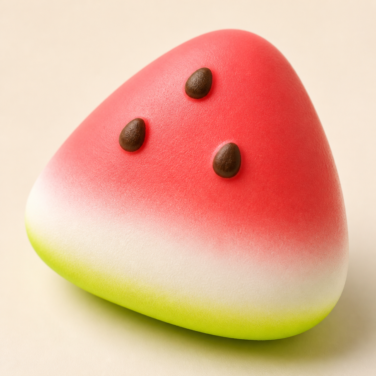 Close-up of three seeds and pink-to-green color bands on the Watermelon Wedge Slow-Rise Squishy